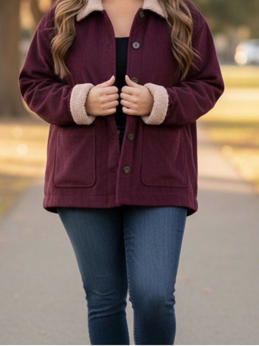 Boston Traders Burgundy Corduroy Jacket with Tan Sherpa Trim